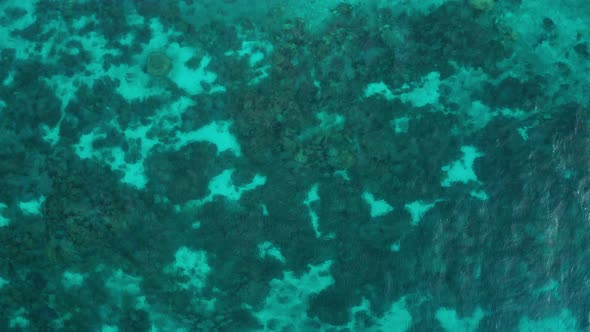 Amazing coral reef ecosystem seen from above with calm waves in tropical ocean