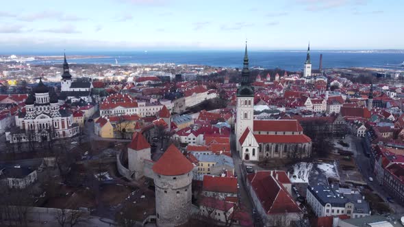 Aerial flying towards Church of St. Nicholas. View of Walls of Tallinn