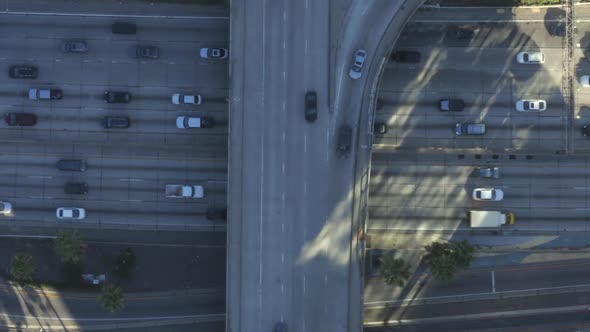 AERIAL: Birds Eye View of Downtown Los Angeles, California Intersection Traffic with Palm Trees and