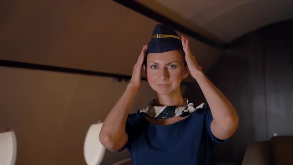 Air Hostess Straighten Hat Indoor of Private Jet