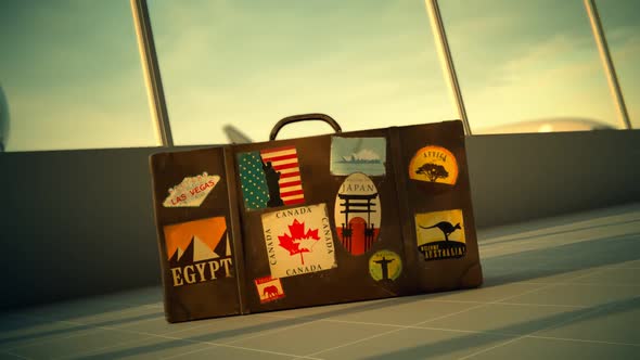 The international airport. Travel suitcase with world's famous travel labels.