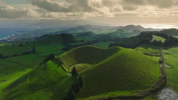 Magnificent Nature of the Azores with Green Meadows Craters and the Ocean