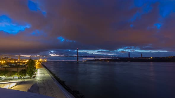 Lisbon City Before Sunrise with April 25 Bridge Night to Day Timelapse