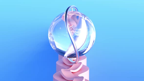 Infinite loop animation of a glass ball with metal ring rotating on curved surface.