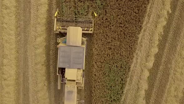 Harvester filmed from above. First close up, thening up and rotating slightly while following the ha