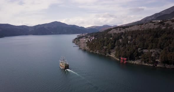 Drone Footage of a Pirate Boat Cruising on a Volcanic Lake Ashi Hakone Japan