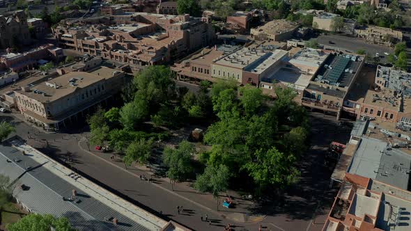 Aerial orbiting Santa Fe New Mexico Plaza downtown