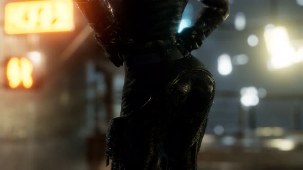 Futuristic Cyberpunk Style Young Woman with Neon Bokeh Lights alt