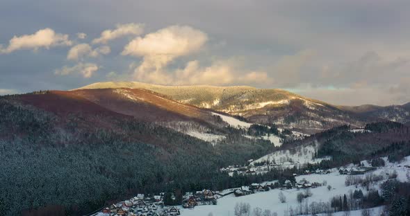 Sunset at Mountains in Winter Aerial View