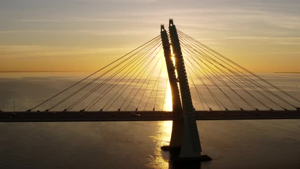 The Movement of Cars on the Bridge Against the Backdrop of the Sunset, St. Petersburg Russia