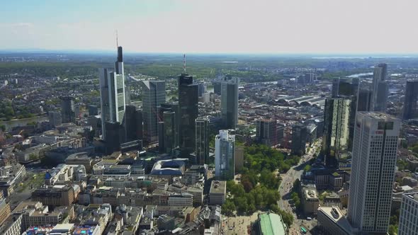 AERIAL: View on Frankfurt Am Main Skyline Sunshine