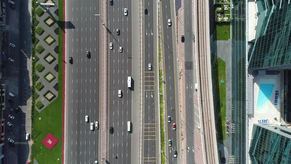 Aerial view of colourful and busy road in Dubai ,UAE.