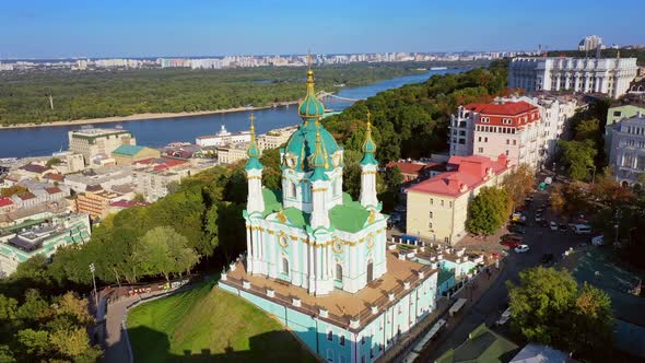 Aerial Drone Video Famous St. Andrews Church and Panorama of Kyiv, Ukraine