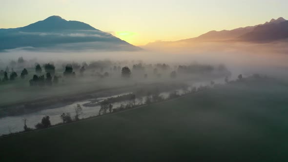 Drone Over Misty Landscape Of Zell Am See At Dawn