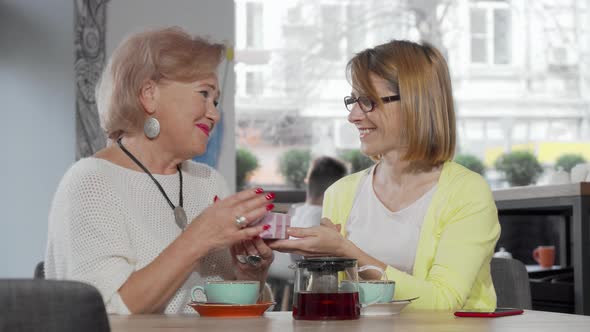 Mature Woman Giving a Gift To Her Elderly Mother at the Coffee Shop