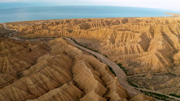 Aerial View of Desert Landscape in Kyrgyzstan at Sunset