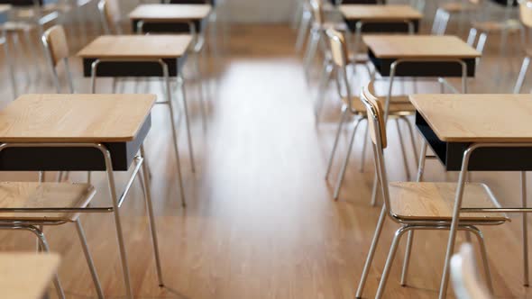 Seamless looping animation of endless rows of desks with chairs. Empty classroom