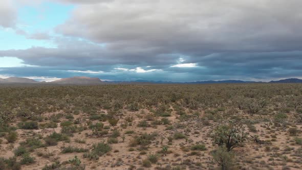 Rising aerial view of wild area outside of Prescott, Arizona, USA before a storm.  Low blue cloud co