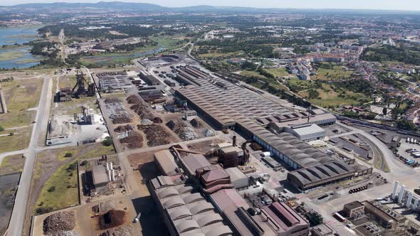 Aerial view of a giant industrial area with factories, Setubal, Portugal.