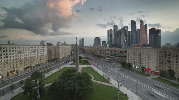 sunset in the center of Moscow, with a view of Moscow City and Kutuzovsky Prospekt