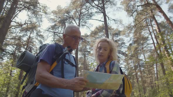 Senior Couple Checking Map, Standing with Trekking Poles and Backpacks at Forest.