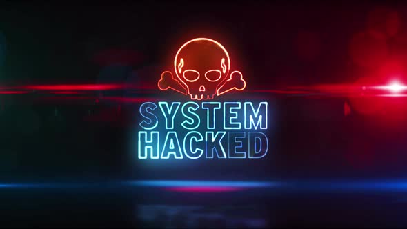 System hacked alert with skull neon symbol abstract loopable animation