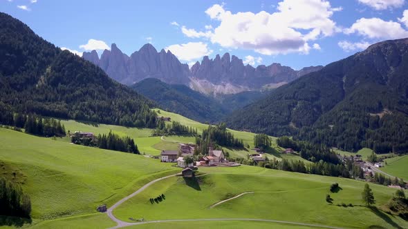 Aerial travel drone view of South Tyrol, Italy and the Dolomites mountains.