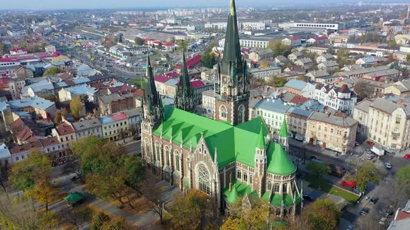 Aerial Video of Saint Olga and Elizaveta Church in Central Part of Old City of Lviv, Ukraine