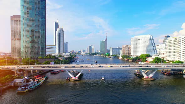 Aerial view over Bangkok city and Chao phraya river