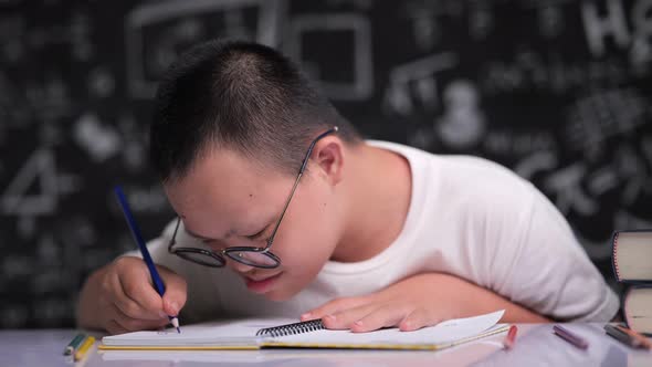 A Boy with downs syndrome studying writing English alphabet.