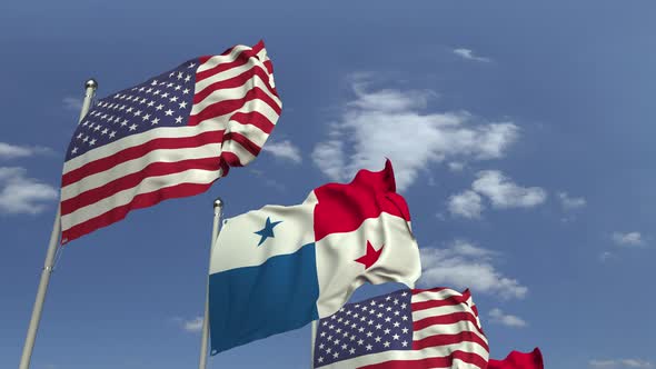 Row of Waving Flags of Panama and the USA