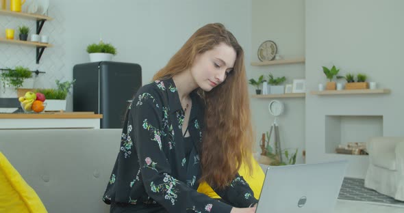 Serious Young Woman Freelancer Working on Freelance From Home Typing Email on Laptop, Focused Girl