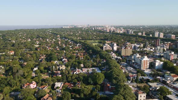 Aerial view of San Isidro city revealing the cathedral, Buenos Aires. Dolly out