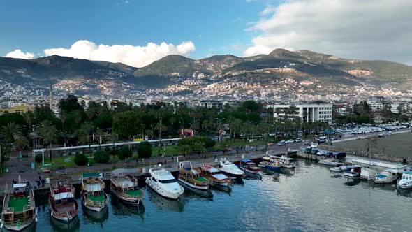 Yachts in the port aerial view 4 K Alanya Turkey