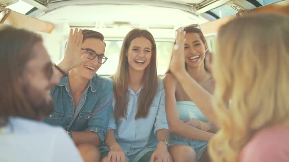 Group Of Friends Having Fun, Traveling In Car In Summer. Happy Smiling Young People