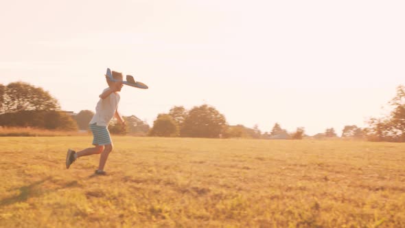 Little boy plays with a toy plane in a field at sunset. Childhood, freedom, inspiration concept.