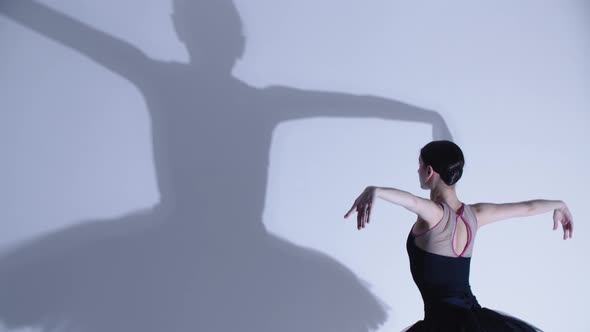 Young Woman Ballerina in Black Dress Dancing  a Big Artistic Shadow on the Wall