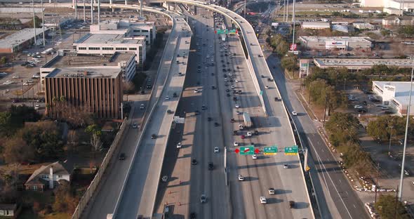 Aerial of cars on 610 freeway in Houston, Texas