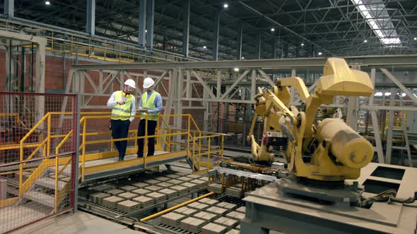 Bricks-loading Unit with Male Workers Observing the Equipment