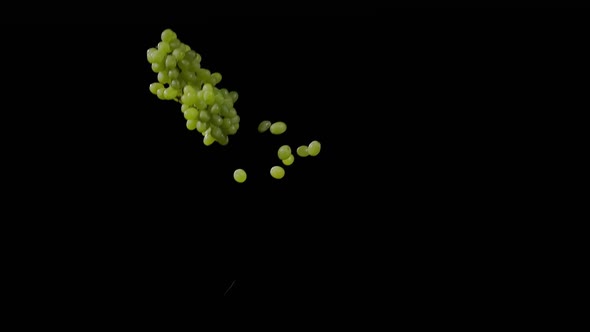Close Up at the Grapes Flies Up and Spinning on a Black Background in Slow Motion Shot Vivid Fruit