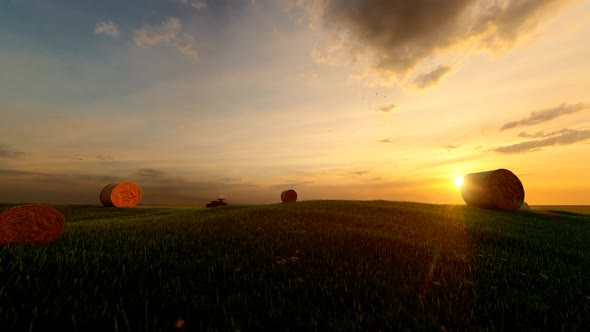 Gathered Straw Bales with Sunset View