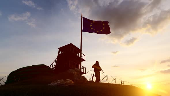 European Union Soldier Watching the Border at Sunset