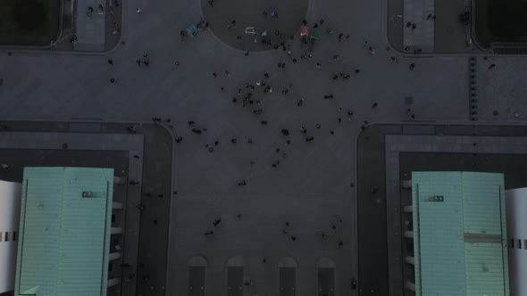 AERIAL: Slow Birds View Overhead Shot of Brandenburg Gate Roof with Quadriga Statue Close Up and