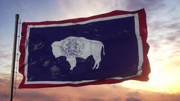 Flag of Wyoming Waving in the Wind Against Deep Beautiful Sky at Sunset