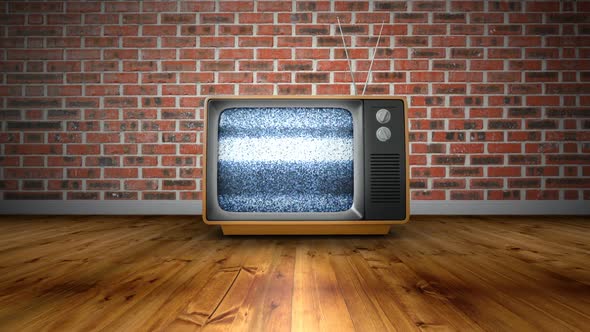 Zoom into old retro TV with no signal against red brick wall background