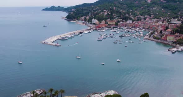 Boats in Harbor Marina on Coast of Italy City near Portofino - Aerial