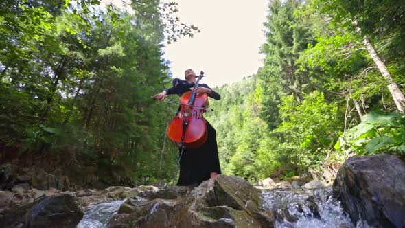 Beautiful woman playing cello outdoors