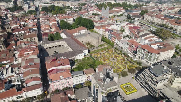 Aerial orbit view Beautiful Santa Barbara Garden in Braga Downtown - Portugal