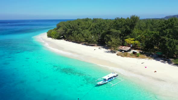 Luxury birds eye clean view of a sandy white paradise beach and turquoise sea background in best qua