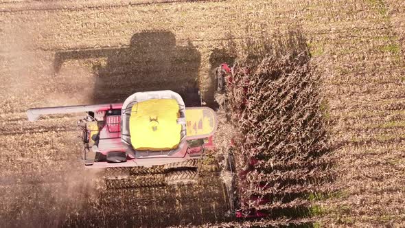 Bird's Eye View Of Combine Harvester Harvesting Corn In Southeast Michigan - aerial drone shot